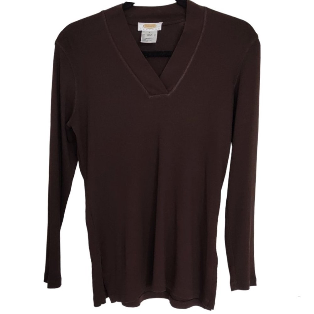Talbots Ribbed 100% Pima Cotton Brown Long Sleeve V Neck Slit Hem Tunic Top SP